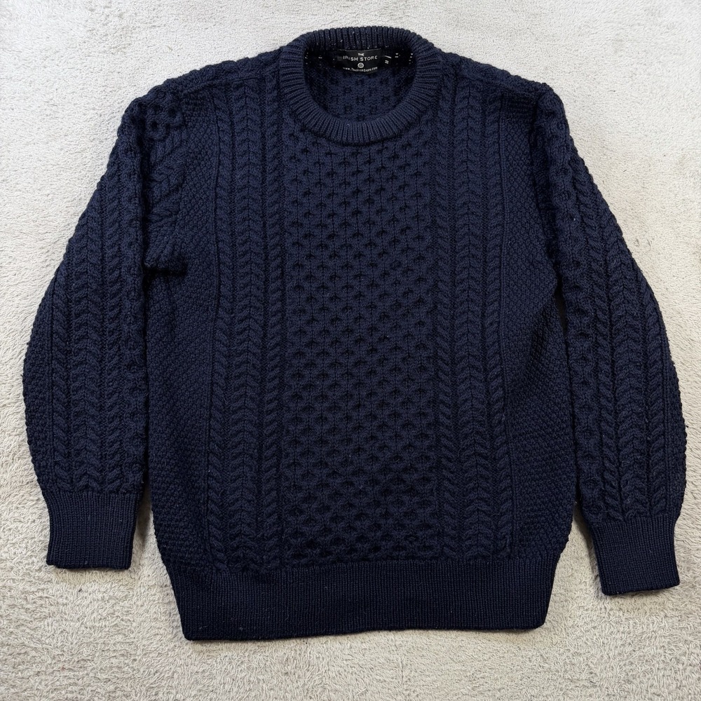 The Irish Store Sweater Mens Medium Navy 100% Merino Wool Cable Knit Fisherman